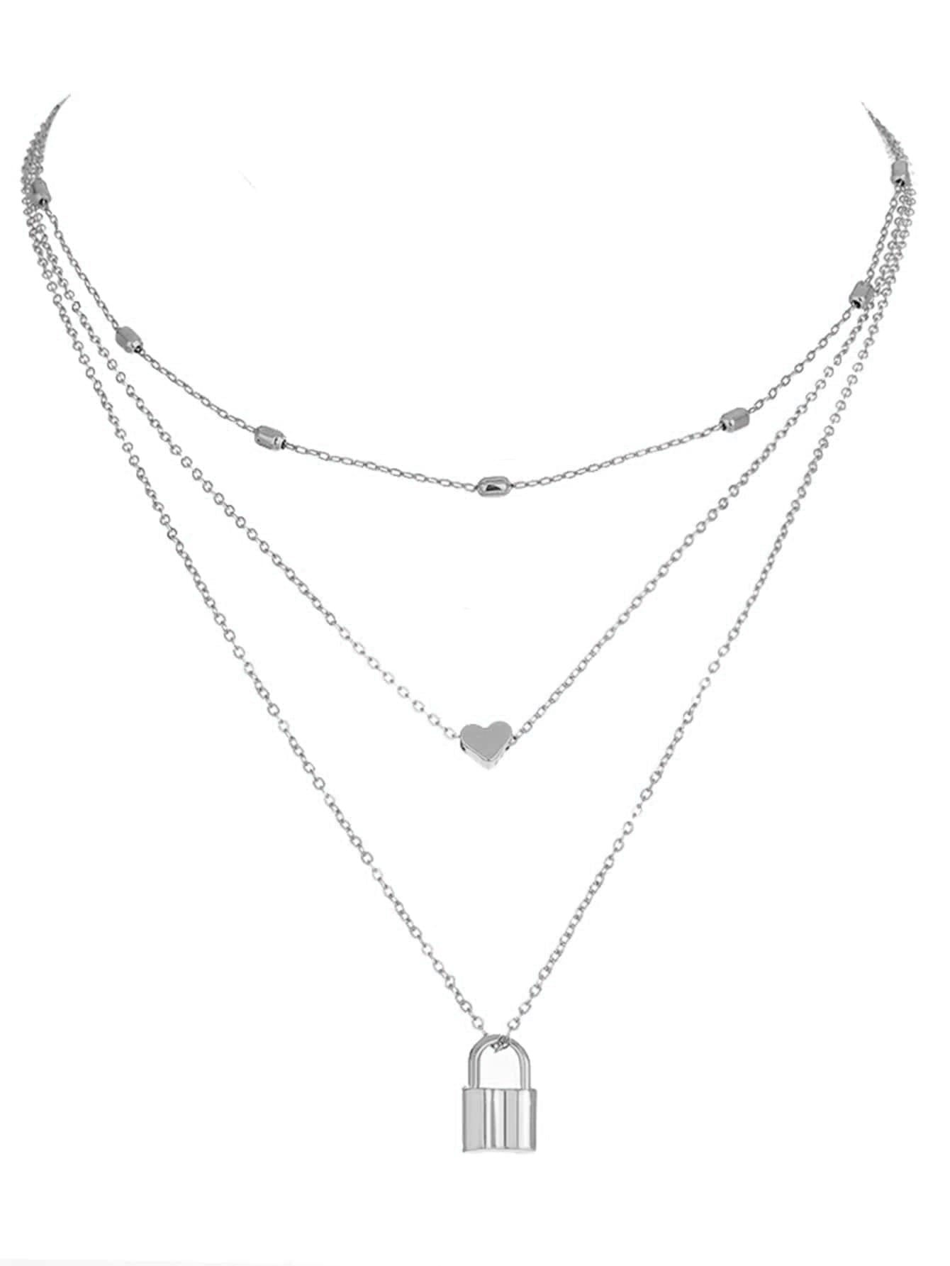 Silver Color, Triple Lock and Heart Motif Necklace
