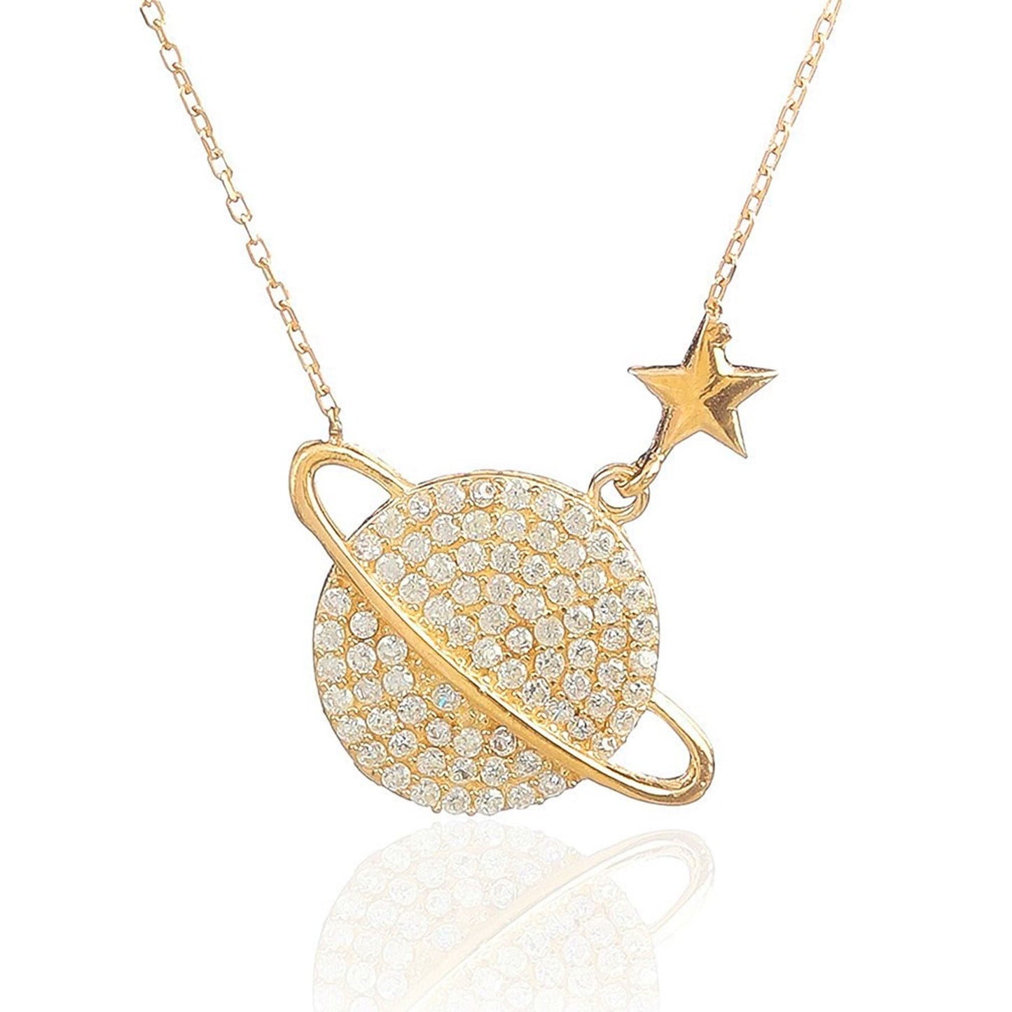Gold Color Zircon Stone Saturn Necklace
