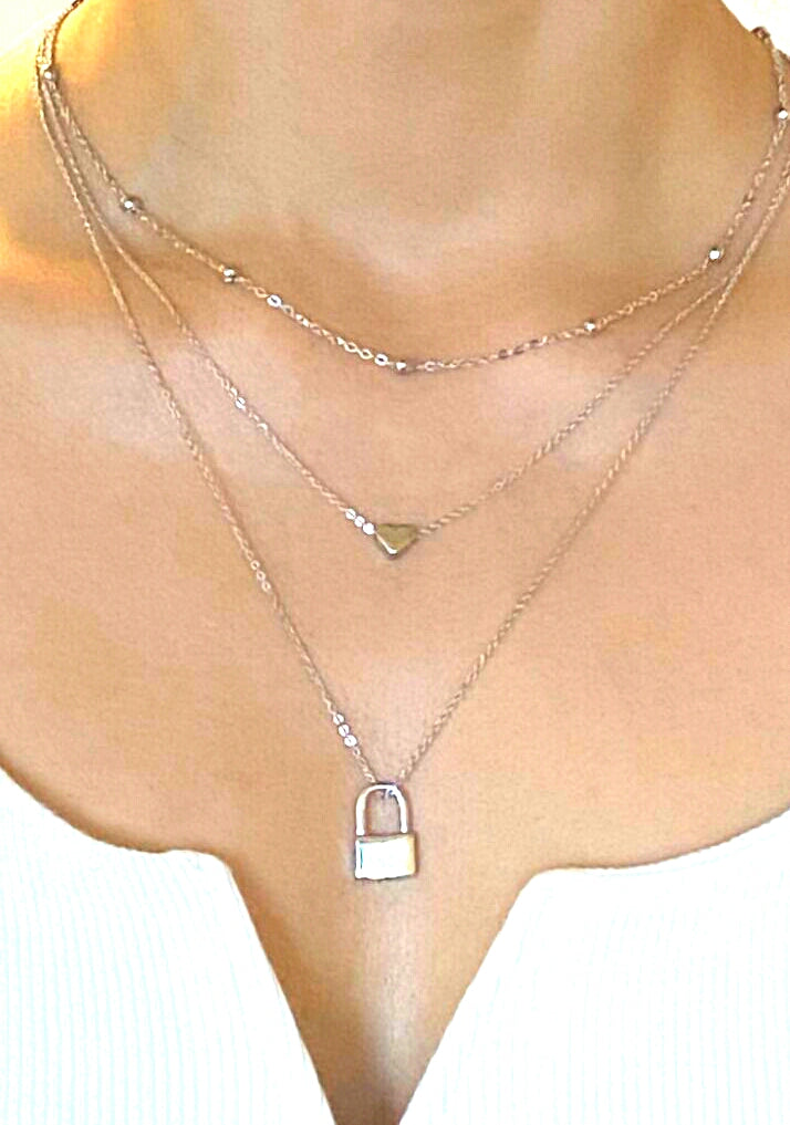 Silver Color, Triple Lock and Heart Motif Necklace