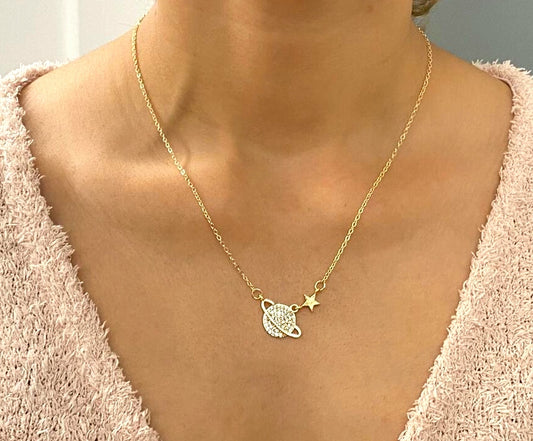 Gold Color Zircon Stone Saturn Necklace