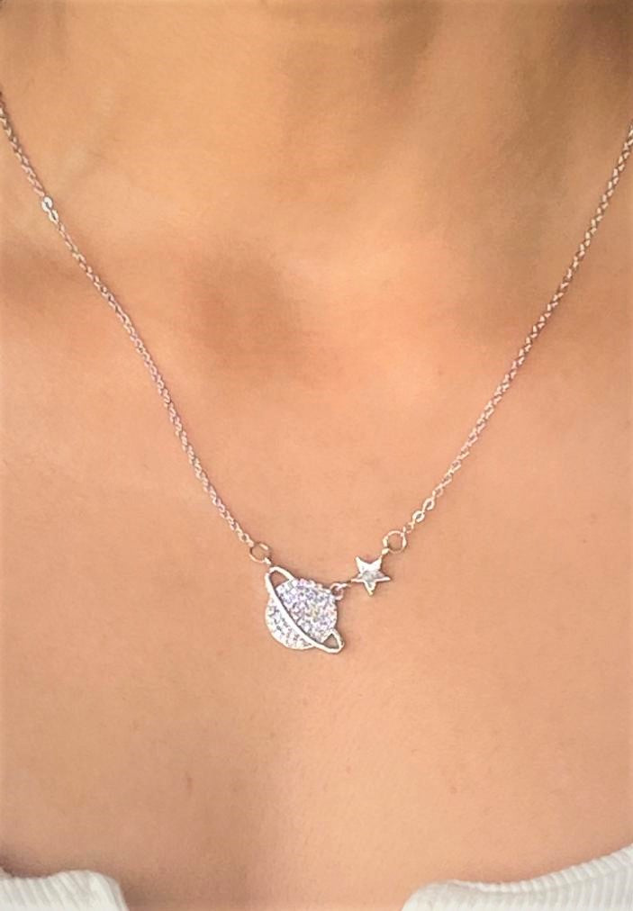 Silver Color Zircon Stone Saturn Necklace