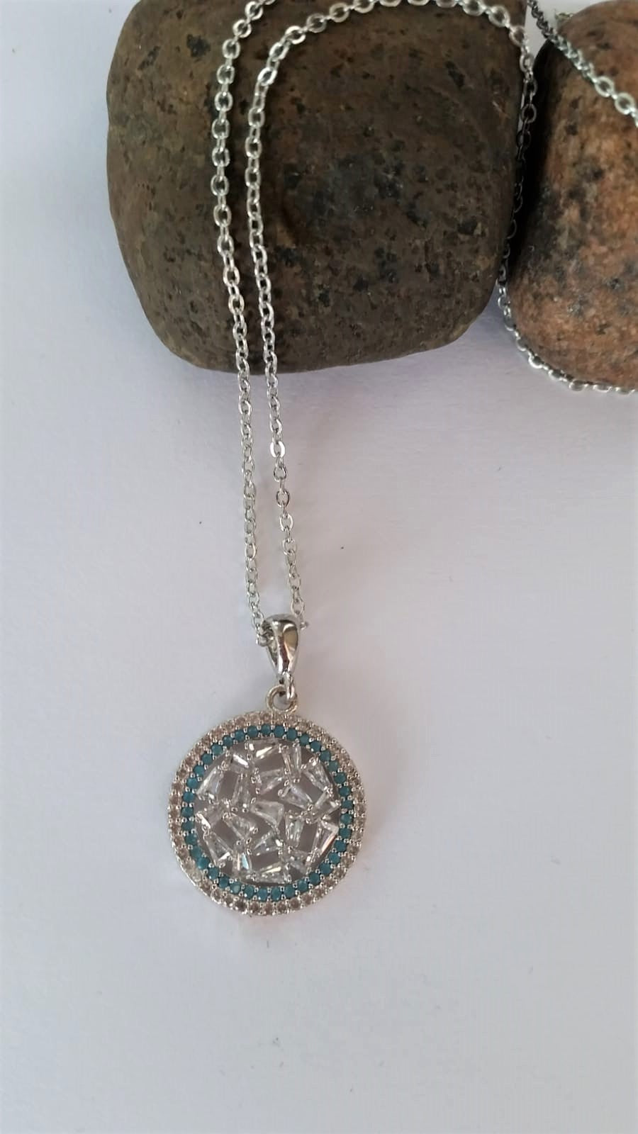 Silver Color Zircon Stone Round Baguette Model Necklace